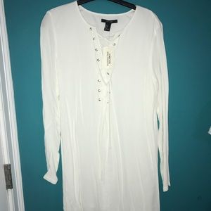 White Lace-up Long-Sleeve Dress